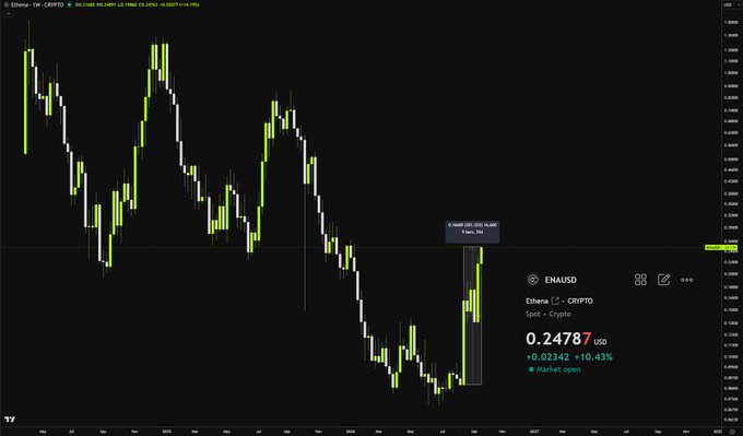 A dark-themed financial candlestick chart displaying the price of Ethereum against USD, with a current price of 0.24787 and a positive percentage change.