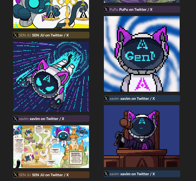 A collection of pixel art images featuring a cat-like character in various scenes, attributed to Twitter/X users 'SEN JU SEN JU,' 'PuPu PuPu,' and 'xavim xavim.'