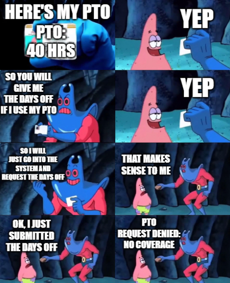 A SpongeBob SquarePants meme showing a conversation between Patrick and Man Ray about PTO (Paid Time Off), where the worker requests days off but is told 'PTO REQUEST DENIED: NO COVERAGE'.