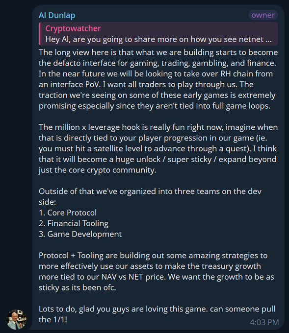 A Discord message from Al Dunlap in the 'Cryptowatcher' channel discussing plans for netnet, mentioning gaming, trading, and gambling interfaces, with references to leverage, satellite levels, and treasury growth tied to NAV vs NET price.
