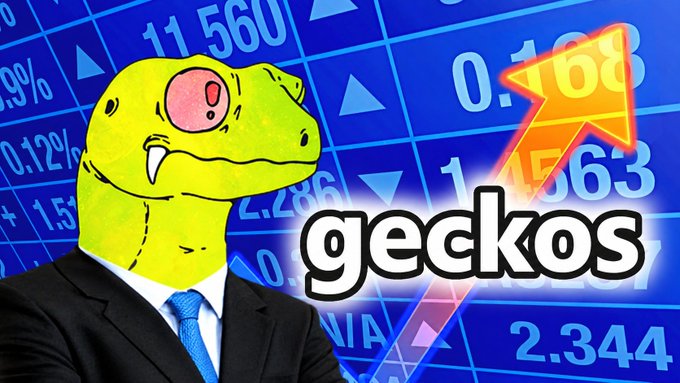 A meme-style image showing a green gecko in a business suit against a blue stock market background with the word 'geckos' in white text and an orange upward arrow.