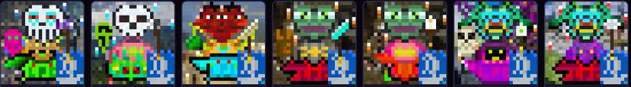 A row of seven pixel art character avatars with diverse appearances including various skin colors, hairstyles, and outfits, displayed as NFT-style profile pictures.