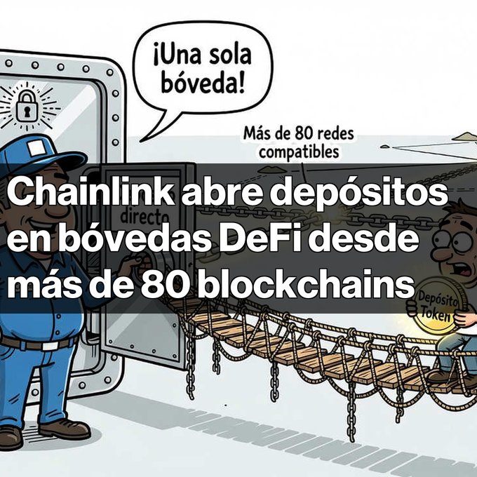 An illustration with Spanish text: "Chainlink abre depósitos en bóvedas DeFi desde más de 80 blockchains" featuring a guard saying "¡Una sola bóveda!"