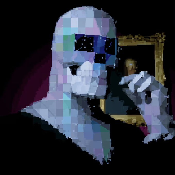 Pixelated/glitched mosaic-style digital artwork of a hooded figure wearing sunglasses, holding what appears to be a chalice or cup, with a framed painting visible in the dark background.
