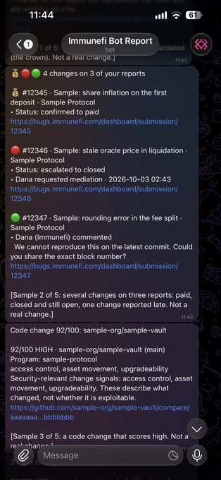 A screenshot of a Telegram chat from 'Immunefi Bot Report' showing 4 changes on 3 sample reports including status updates for 'paid', 'escalated to closed', and 'ImmuneFi' comments, along with details of a high-scoring code change.