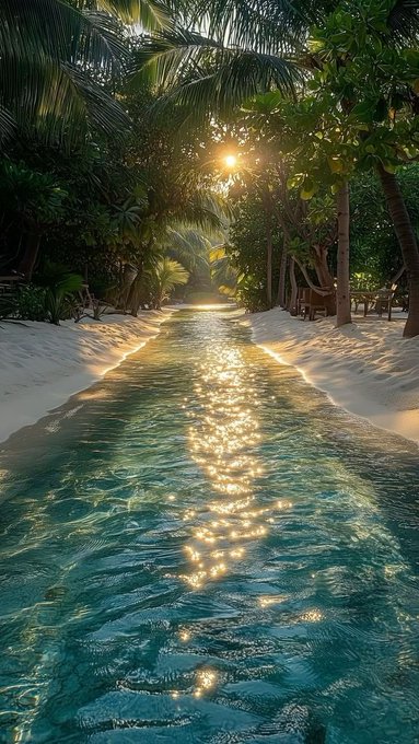 A narrow, clear turquoise waterway runs through a sandy path lined with lush green palm trees, with golden sunlight creating sparkling reflections on the rippling water surface.