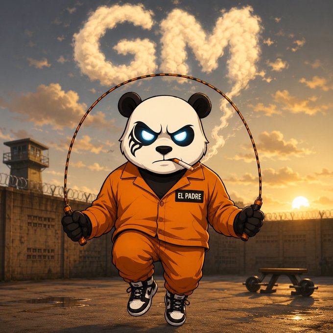 A cartoon illustration of a panda character in an orange prison jumpsuit labeled 'EL PADRE' jumping rope in a prison yard at sunset, with smoke forming letters above.