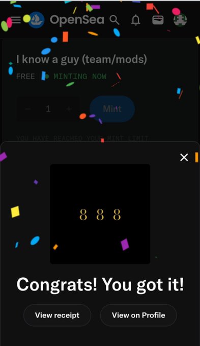 A screenshot of OpenSea showing a successful mint of an NFT titled "I know a guy (team/mods)" from "888's Society," with a pop-up confirming the mint of NFT #888 alongside celebratory confetti. The image captures the excitement of the user as they thank Luna and YoukieVerse for their help in acquiring the digital collectible.