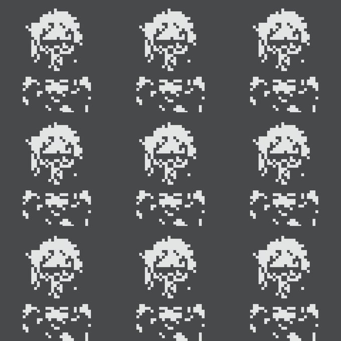 A repeating pixel art pattern of a stylized white skull or mushroom-like face with a frowning mouth on a dark gray background.