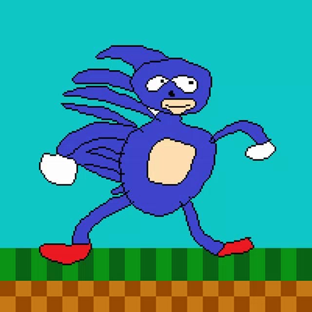 A crude pixel art drawing of a blue, Sonic-like character with white gloves and red shoes running across a green and brown checkered ground against a teal sky.