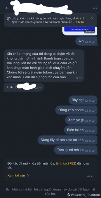 A Vietnamese Telegram chat screenshot showing a scam conversation where someone requests Zalo contacts, followed by messages claiming an account is being hacked for transactions, with a warning that the user is not the contact they claim to be.