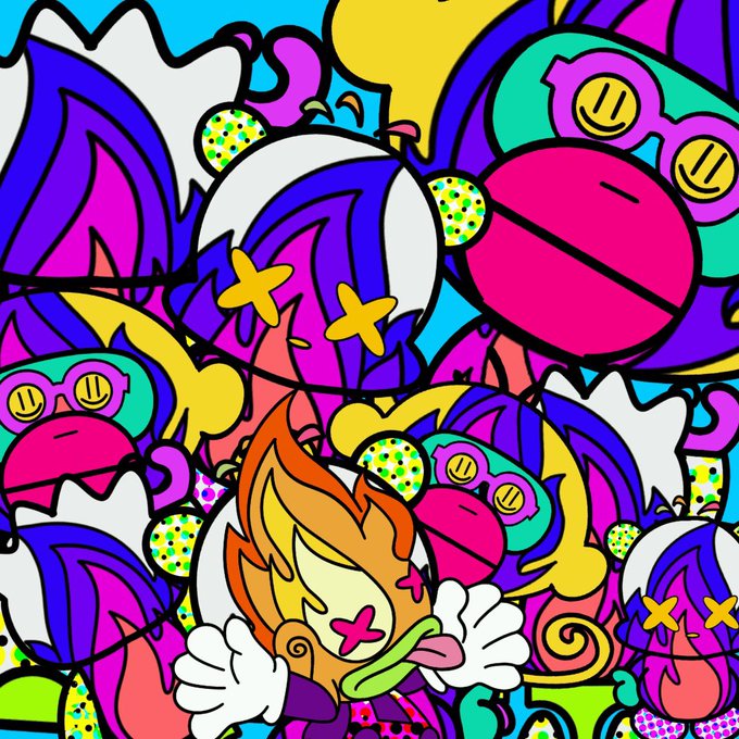 A vibrant, densely packed cartoon illustration featuring colorful characters with X eyes, flame-like hair in purple, yellow, and pink, surrounded by polka-dotted balls in a chaotic street art style.