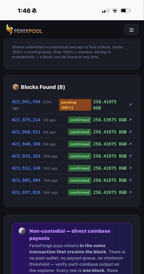 A mobile screenshot of the FenixPool website showing 'Blocks Found (8)' with one pending block at 88% and seven confirmed blocks, each yielding approximately 256.41975 to 256.53975 DGB, along with information about non-custodial direct coinbase payouts.