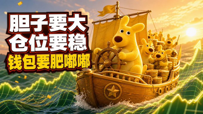 Meme image featuring a group of yellow cartoon dogs on a treasure-filled pirate ship with Chinese text reading '胆子要大 仓位要稳 钱包要肥嘟嘟' (Be bold, stable positions, fat wallet).