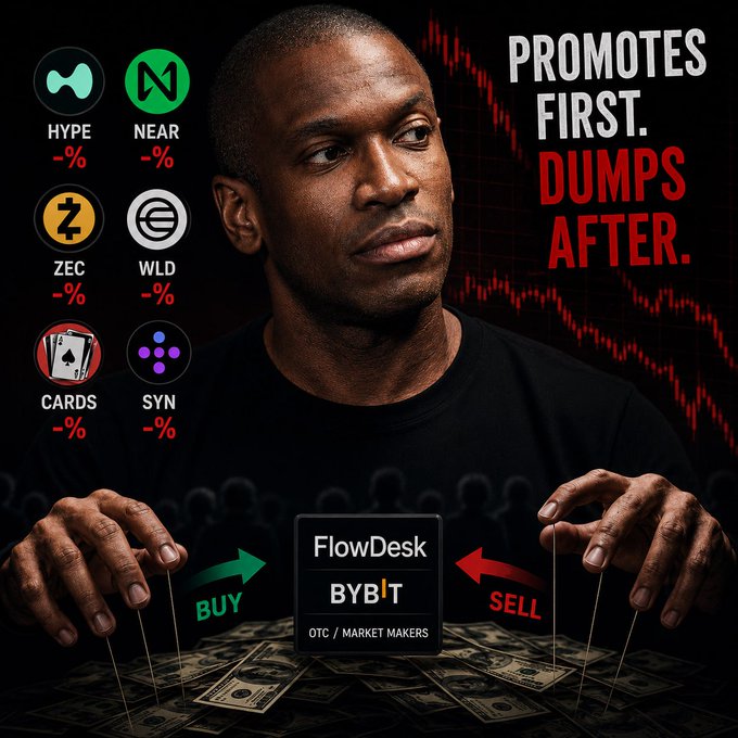 The image shows Arthur Hayes manipulated by invisible puppet strings over piles of cash, with crypto tokens like HYPE, NEAR, ZEC, WLD, CARDS, and SYN displayed in a "promotes first, dumps after" scheme allegedly orchestrated by FlowDesk OTC market makers. This visual illustrates the post's accusation that Hayes promotes tokens right before sharp attention spikes occur, leading to subsequent price dumps that benefit insiders at retail investors' expense.