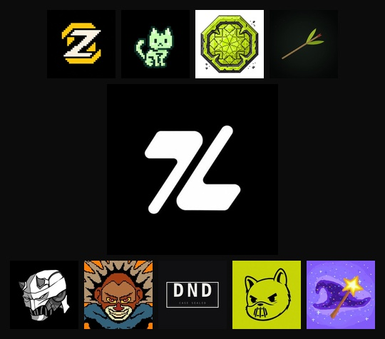 A grid of digital icons and pixel art on a black background, featuring a central stylized 'L' or '7L' logo surrounded by various character and symbol icons including a green cat and a 'DND' label.