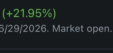 The image shows a green "+21.95%" percentage gain with the date "6/29/2026" and "Market open" text on a dark background, indicating a strong stock price surge. This appears to display significant intraday trading gains that would support the claim of being a better-performing ticker than $MU and $SIVE.