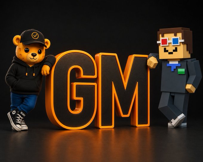 Two 3D-rendered characters—one a cartoon bear in a black hoodie and the other a blocky figure with 3D glasses—lean against large glowing orange letters spelling 'GM'.