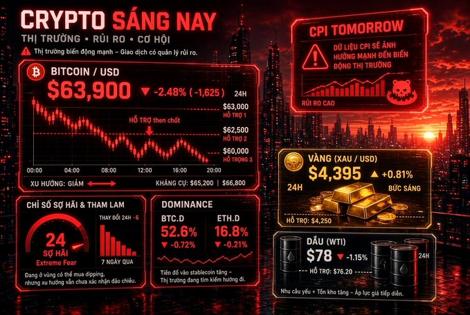 A Vietnamese crypto market infographic titled 'CRYPTO SÁNG NAY' showing Bitcoin at $63,900 (-2.48%), gold at $4,395 (+0.81%), WTI oil at $78 (-1.15%), fear index at 24, BTC dominance at 52.6%, and ETH dominance at 16.8%, with a CPI tomorrow warning.