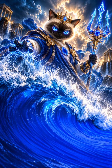 A regal Siamese cat wearing a golden crown and royal robes, wielding a glowing blue trident while riding a crashing ocean wave with ancient Greek temples in the background.