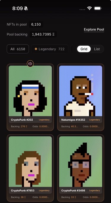 Mobile app screenshot of a CryptoPunks NFT pool showing 6,150 NFTs total (722 Legendary) with a pool backing of 1,943.7395 ETH. Displays a grid of four Legendary punks including CryptoPunk #202, Nakamigos #14352, CryptoPunk #7853, and CryptoPunk #3498.