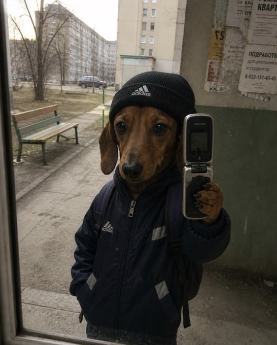 A dachshund wearing a black Adidas beanie and tracksuit holds up a flip phone, posing for a reflection in a glass door with flyers visible in the background reading "КВАРТИ" and "ПОДРАБОТК" alongside the phone number 8-923-151-45-45.