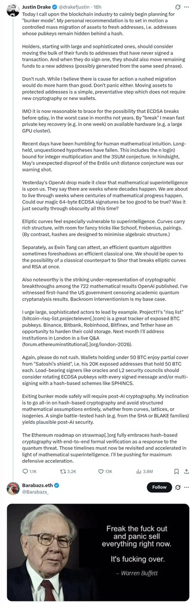 A screenshot of a long Twitter/X post by Justin Drake (@drakefjust) discussing blockchain security and the potential need for a 'bunker mode' to protect assets against quantum threats, with a meme of Warren Buffett at the bottom.