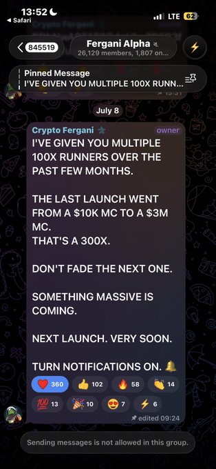 A pinned message in the "Fergani Alpha" Telegram group (26,129 members) by Crypto Fergani boasts about delivering "MULTIPLE 100X RUNNERS" and highlights a 300X gain ($10K MC to $3M MC), teasing an imminent launch and urging members to turn on notifications. The post is unrelated to the accompanying request seeking financial help, which includes a Solana contract address for "Fergani," a separate entity that appears to be exploiting the channel's reputation to solicit funds from desperate users.