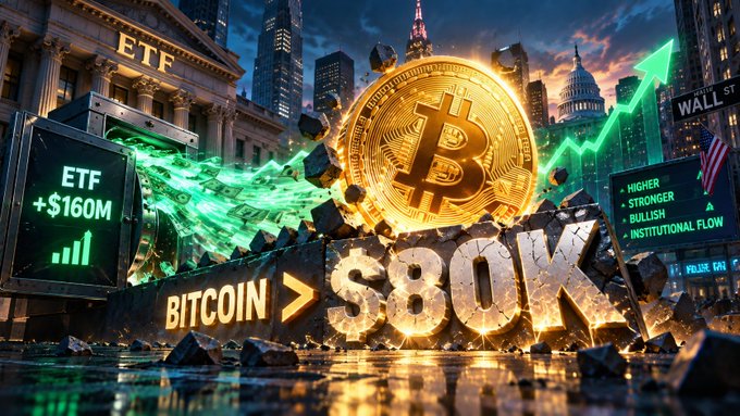 A dramatic digital illustration of a giant golden Bitcoin coin crashing through a stone wall to reveal the text 'BITCOIN > $80K'. The scene features a Wall Street background, a green rising trend arrow, and signs reading 'ETF +$160M' and 'HIGHER STRONGER BULLISH INSTITUTIONAL FLOW'.