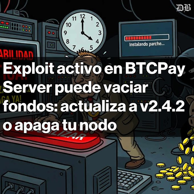 The cartoon-style image shows a stressed-looking cartoon man surrounded by computer servers and a wall clock showing 5:00, with a monitor reading "Instalando parche..." and gold coins spilling from the floor, overlaid with the Spanish headline "Exploit activo en BTCPay Server puede vaciar fondos: actualiza a v2.4.2 o apaga tu nodo." The illustration visually reinforces the warning by depicting the urgency (clock at 5:00) and the financial risk (scattered coins) of the BTCPay Server vulnerability.