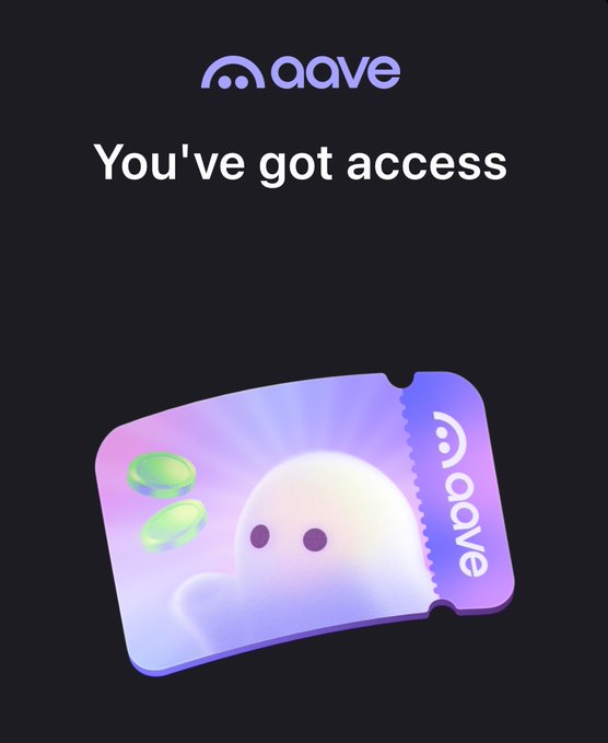 The image shows an "aave" logo at the top with the text "You've got access" displayed on a dark background, accompanied by an illustrated Aave card featuring a cute ghost-like character and green tokens in a purple gradient design. This visually represents the post's announcement about Aave's app rollout to users, highlighting the milestone of gaining access as a key step toward expanding low-risk DeFi adoption.