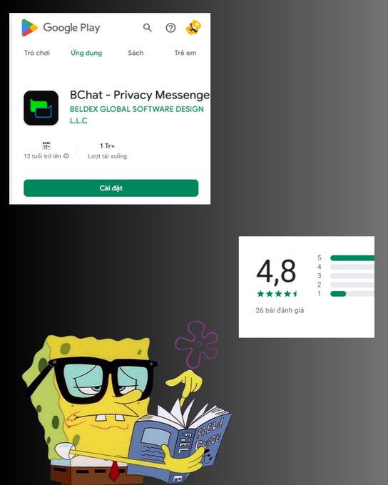 A Google Play Store listing for "BChat - Privacy Messenger" by BELDEX GLOBAL SOFTWARE DESIGN L.L.C. with a 4.8 rating from 26 reviews, alongside a cartoon SpongeBob reading a book while wearing glasses.