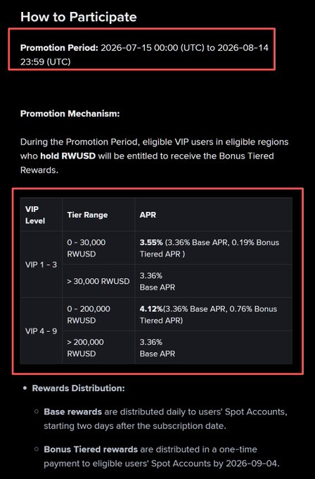 A promotion details page titled 'How to Participate' outlining a Promotion Period from 2026-07-15 to 2026-08-14, with a tiered APR table for RWUSD holdings based on VIP levels (1-3 and 4-9) and tier ranges.