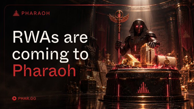 A promotional graphic for Pharaoh featuring an armored figure with a winged staff standing behind a pedestal displaying gold bars and miniature buildings, with the text "RWAs are coming to Pharaoh" and the website "PHAR.GG" visible. The imagery of traditional wealth assets (gold) alongside modern buildings symbolizes the tokenization of real-world assets like U.S. stocks on the platform.