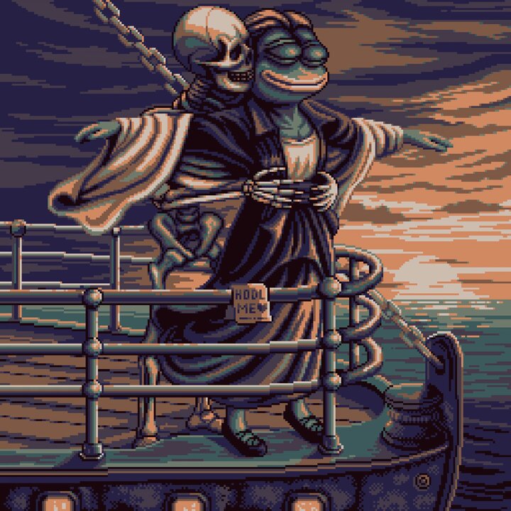 The image features a cartoon scene of a skeleton wearing a dress, holding a frog's head with one hand while the other hand holds onto a rope. The skeleton appears to be dancing or performing some action as they are aboard a boat. The background shows an ocean and a sunset, adding to the overall atmosphere of the scene. The image is accompanied by a post that reads "Day #1032: Pepe's Last Voyage Mint today'c canvas basepaint.xyz/mint". This suggests that the artist has created this cartoon as part of a series or project related to the theme of Pepe, and it was posted on social media platforms like Instagram or Twitter for others to view and appreciate.