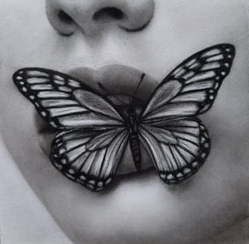 A black-and-white photo featuring a large monarch butterfly covering the lower half of a person's face.