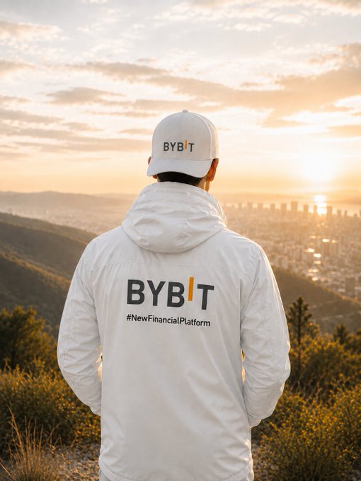 A person stands overlooking a city at sunset wearing a white cap and jacket branded with "BYBIT" and "#NewFinancialPlatform" on the back.