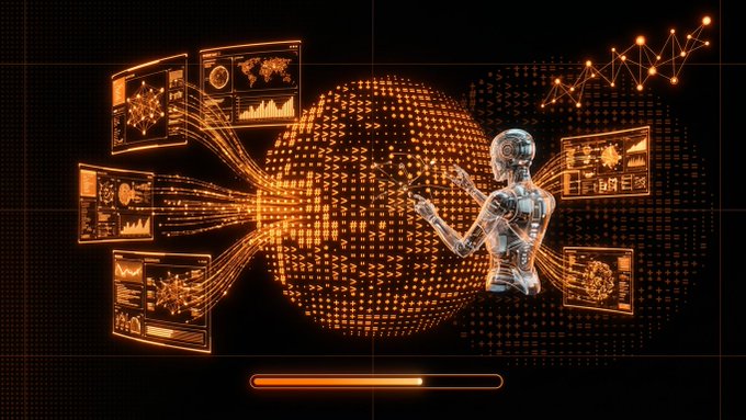 An orange-toned digital artwork depicting a humanoid robot interacting with a glowing data sphere, surrounded by floating analytical dashboard panels showing charts, graphs, and a network diagram.
