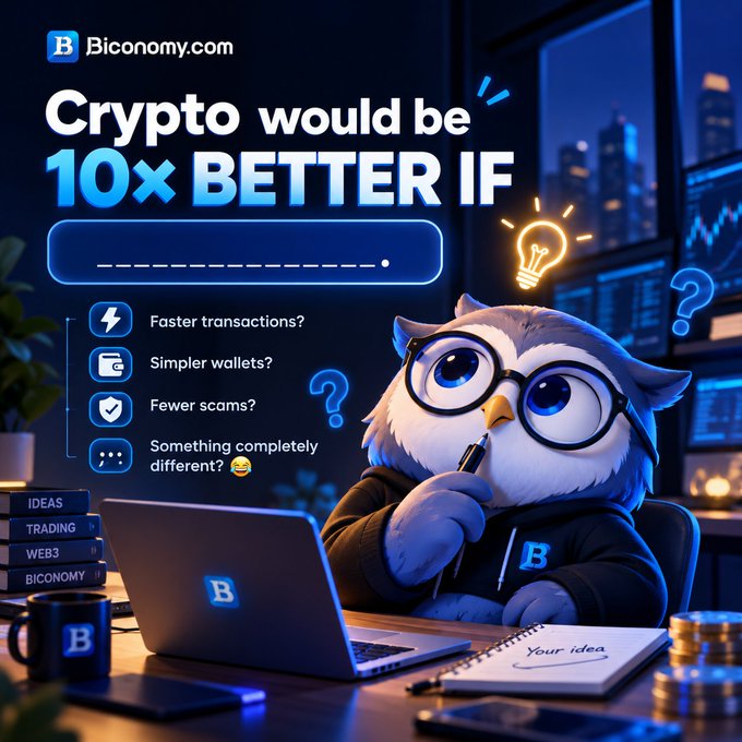 An advertisement for Biconomy.com titled 'Crypto would be 10x BETTER IF' featuring an animated owl character with glasses at a desk, with options like 'Faster transactions?' and 'Simpler wallets?'.