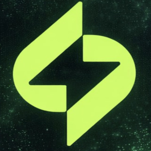 A neon green and yellow stylized 'S' logo on a dark, starry background.