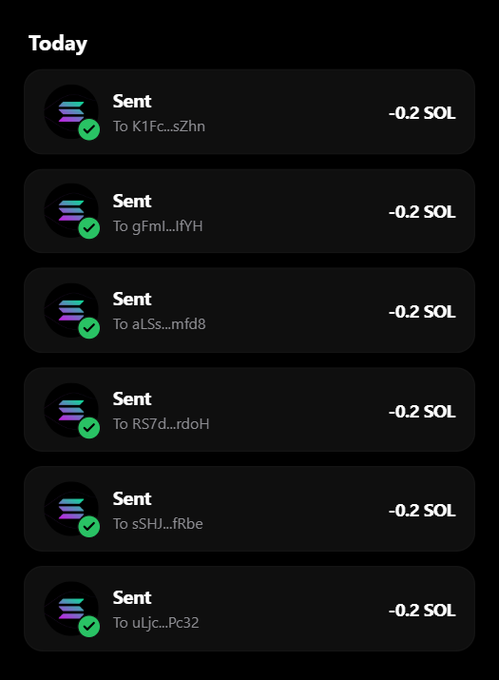 This image shows a list of transactions, each depicting a "Sent" transaction of "-0.2 SOL" to various wallet addresses, illustrating the claim mentioned in the accompanying post.
