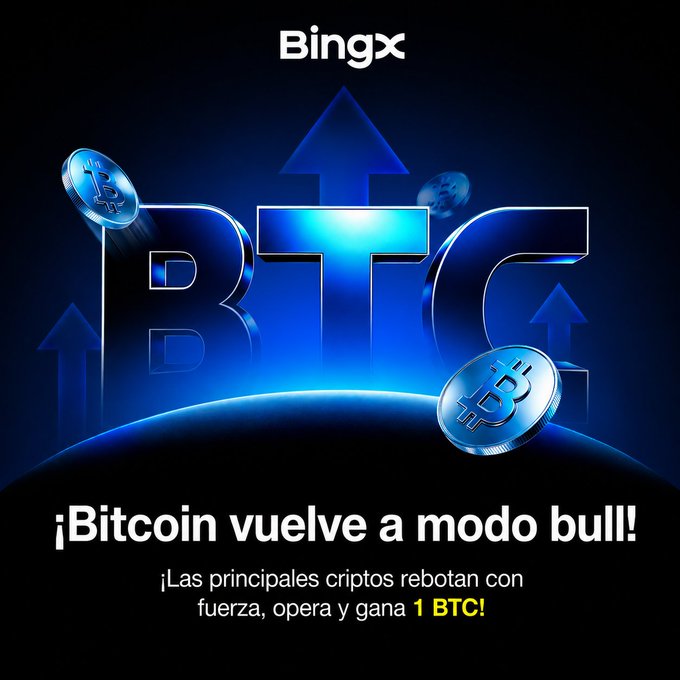 BingX promotional graphic featuring BTC cryptocurrency imagery with the text 'BingX', '¡Bitcoin vuelve a modo bull!' and '¡Las principales criptos rebotan con fuerza, opera y gana 1 BTC!'