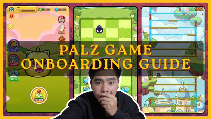 A YouTube thumbnail or promotional image titled 'PALZ GAME ONBOARDING GUIDE' showing a man with a surprised expression in front of three game screen captures.