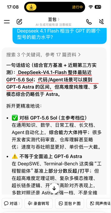 The image shows a Chinese-language AI chat app screen at 17:08, where a user asked "Deepseek 4.1Flash 相当于 GPT 的哪个型号的能力水平？" (Which GPT model is Deepseek V4.1-Flash comparable to?). The AI response, citing 3 keywords and 17 references, concludes that DeepSeek-V4.1-Flash is most comparable to GPT-5.6 Sol overall, and can reach the GPT-6 Astra range for code/Agent tasks, though high-difficulty reasoning and multimodal capabilities still lag behind Astra. The post humorously relates to the image by inviting others to test and "tease" the AI model, promoting free credits for new users to try DeepSeek themselves.
