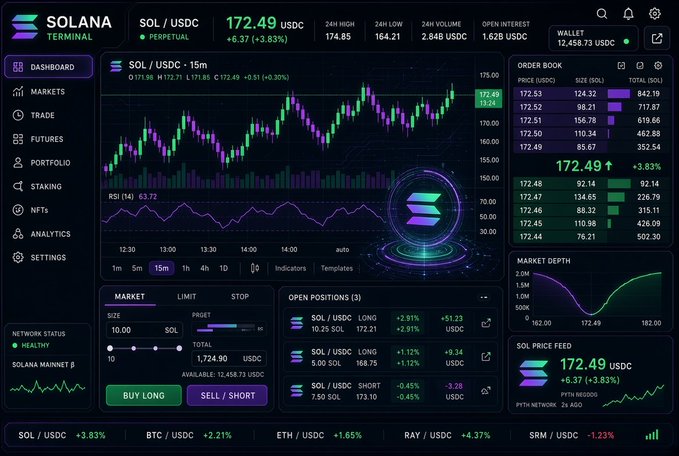 A screenshot of the 'Solana Terminal' cryptocurrency trading dashboard showing the SOL/USDC perpetual pair at 172.49 (+3.83%), with candlestick charts, order book, and buy/sell controls.