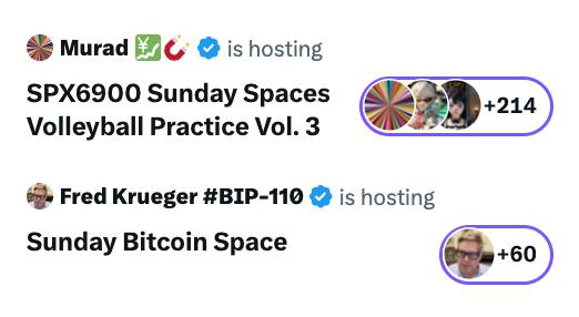 The image shows a Twitter/X interface displaying two live Spaces: Murad's "SPX6900 Sunday Spaces Volleyball Practice Vol. 3" with 214+ listeners, and Fred Krueger's "Sunday Bitcoin Space" with 60+ listeners, highlighting the contrast in audience engagement between the established Bitcoin and the newer SPX6900 memecoin as referenced in the post about valuation asymmetry.