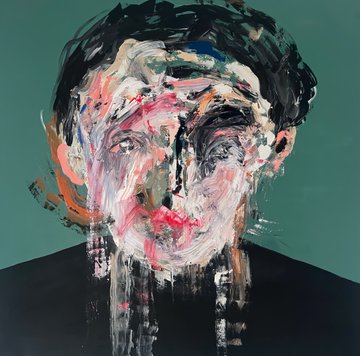 A vibrant, expressionistic portrait of a man's face rendered in thick impasto brushstrokes of pink, white, and dark hues, with paint dripping downward against a teal background. The title "Behind the Mask" and the listing on @objktcom as a 1/1 NFT for 100 xtz suggest the painting explores the concealment of identity, with the smeared, dissolving features visually evoking the idea of a facade slipping away.