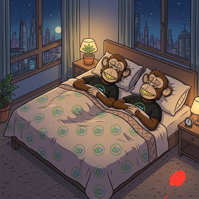 A cartoon-style illustration of two grinning monkeys wearing black shirts lying in bed together under a comforter with green circular symbols, with a nighttime city skyline visible through the window.