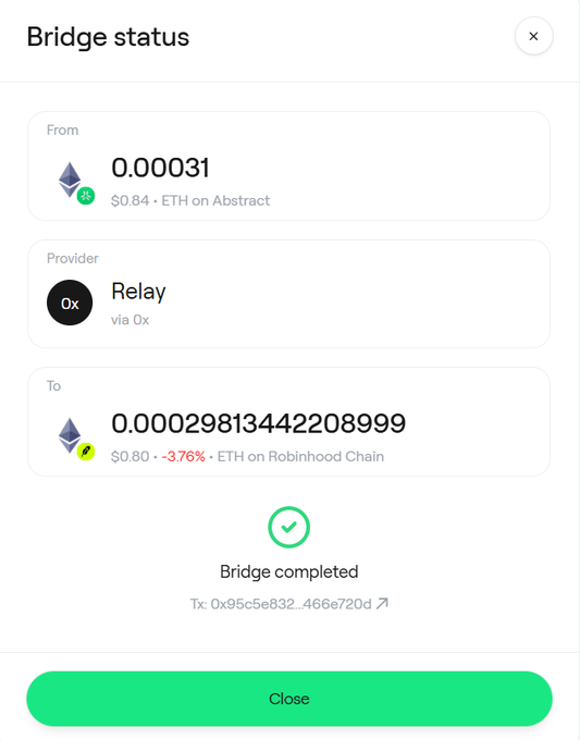 A mobile app screen titled 'Bridge status' shows a completed cryptocurrency transaction, bridging 0.00031 ETH ($0.84) from Abstract to 0.000298 ETH ($0.80) on Robinhood Chain via the Relay provider, with a transaction hash of '0x95c5e832...466e720d'.