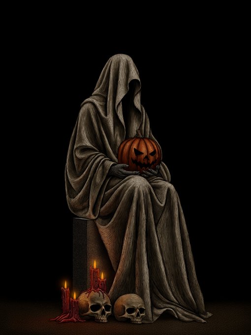 A hooded, faceless figure draped in flowing gray robes holds a glowing jack-o'-lantern, seated among skulls and lit red candles on a black background.